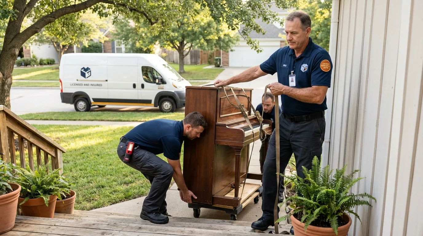 Licensed piano movers securing grand piano in Rose Hill, VA