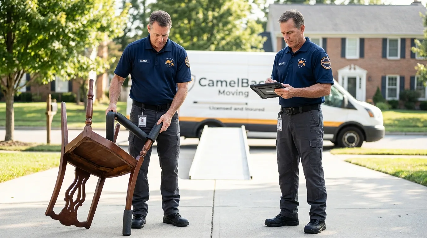 Movers inspecting furniture for damage prevention before loading in Rose Hill, VA